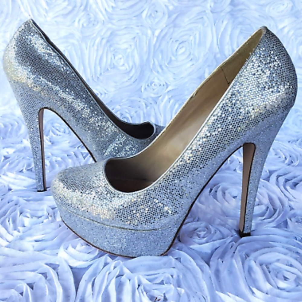 ALDO Grey Silver Glitter Stiletto Platform Slip on Leather Heels Womens Size 6.5